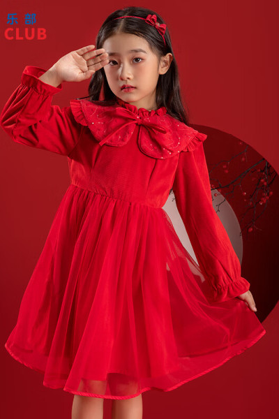[1件3折]铅笔俱乐部童装2025秋冬新款女童连衣裙中大童年装红色裙子儿童网纱裙
