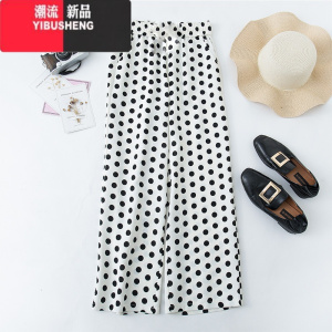 YIBUSHENG季女裤雪纺波点阔腿裤女大码高腰直筒休闲裤宽松显瘦垂坠九分裤