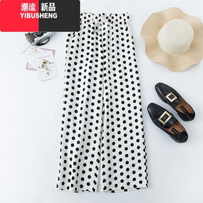 YIBUSHENG季女裤雪纺波点阔腿裤女大码高腰直筒休闲裤宽松显瘦垂坠九分裤