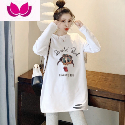 七斓白色长袖t恤女宽松内搭时尚洋气加绒打底衫中长款上衣冬