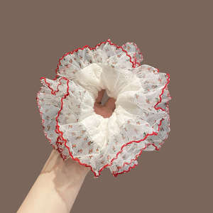 蕾丝少女双层蓝色发圈头饰高弹扎头发复古发绳头绳韩国大肠圈发饰送女朋友老婆情人节七夕生日礼物 红色蕾丝花边发圈