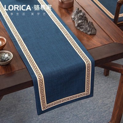 美式桌旗新中式禅意茶旗布现代简约茶几餐桌北欧电视 福延年-蓝色(平角款) 33*180cm(适用桌长1.3米-1.4米)