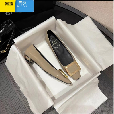 聚范2023春季新款 网红同款rv漆皮方扣单鞋 粗跟中跟方头浅口女鞋通勤