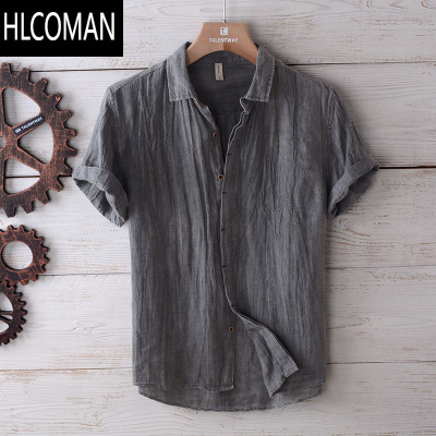 HLCOMAN日系复古压皱短袖亚麻衬衫男士夏季休闲薄款透气宽松半袖棉麻衬衣