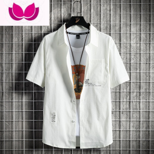 七斓短袖衬衫男士夏季港风日系五分袖休闲衬衣服潮牌痞帅工装小衫外套