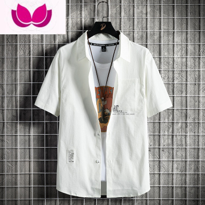 七斓短袖衬衫男士夏季港风日系五分袖休闲衬衣服潮牌痞帅工装小衫外套