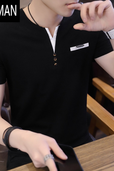 HLCOMAN短袖男t恤2024夏季新款韩版潮牌上衣服男士修身V领半袖小衫