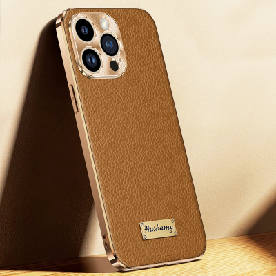 魅爱琳 苹果15手机壳iPhone15 Pro Max保护套Plus外壳 头层牛皮商务荔纹 全包轻薄防摔 简奢电镀软边