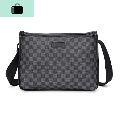 新款男士单肩包韩版时尚皮质潮流户外斜跨包潮牌格子轻商务公文包NEW LAKE 黑色男士手提包