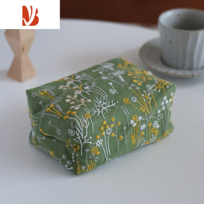 三维工匠纸巾袋布艺 手工制作棉麻日系刺绣皆川明风简约客厅 抽纸盒纸抽套 绿色草花