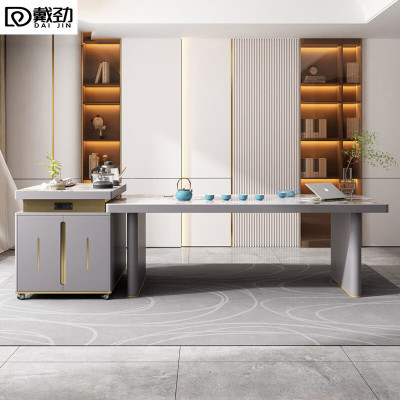 戴劲现代轻奢岩板餐桌岛台茶桌烧水壶一体桌客厅泡茶桌椅2.0米单桌