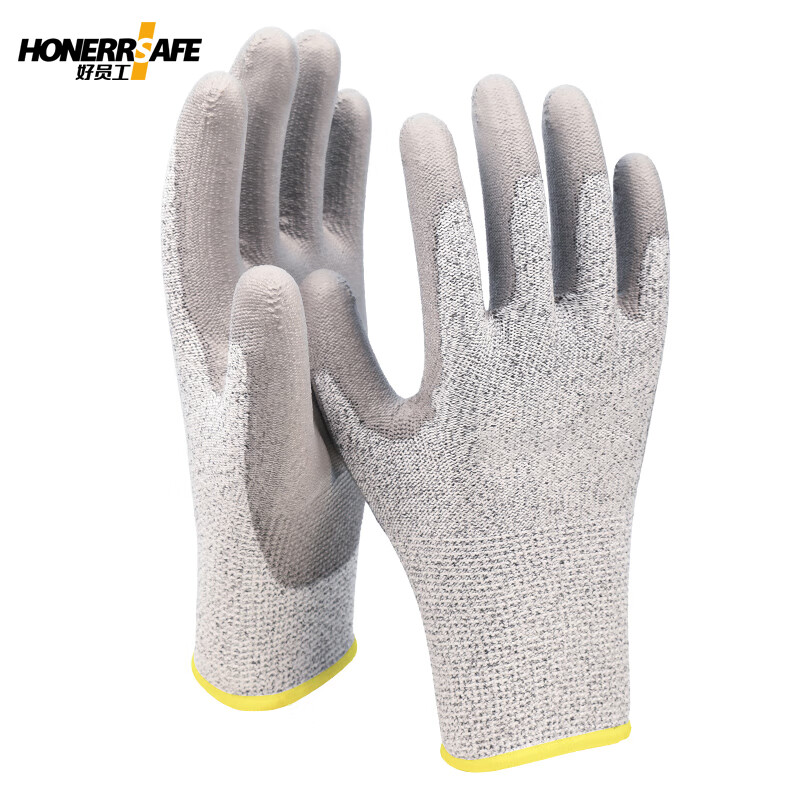 好员工 PE-104麻灰防切割+pu涂掌防切割手套10双