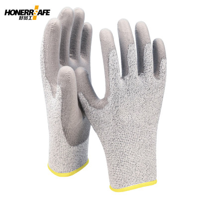 好员工 PE-104麻灰防切割+pu涂掌防切割手套10双