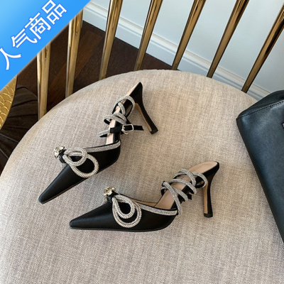 SUNTEK巨美自留!超A版~网红水钻蝴蝶结细跟包头凉鞋ins名媛尖头高跟鞋