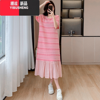 YIBUSHENG欧货高级感条纹短袖连衣裙女季减龄宽松遮肉显瘦拼接设计感长裙