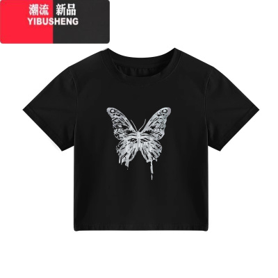 YIBUSHENG美式黑色短袖正肩t恤女季甜辣妹jazz修身显瘦小个子短款上衣潮