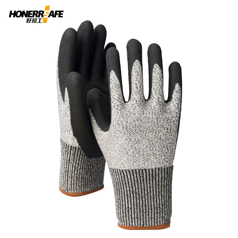 好员工 PE-108麻灰防切割+丁腈磨砂防切割手套10双