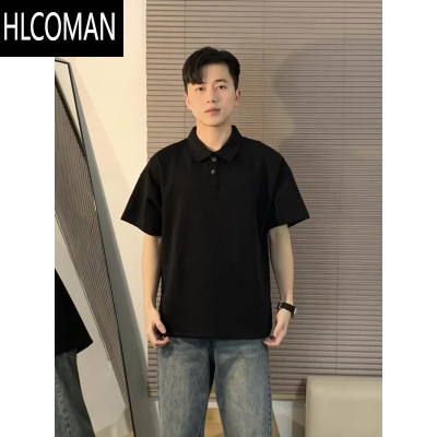 HLCOMAN纯黑色短袖男polo衫痞帅成熟稳重男装衬衫领t恤夏季五分半袖