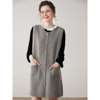 山羊绒开衫马甲女圆领无袖四平加厚口袋中长款坎肩针织打底外套
