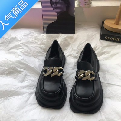 SUNTEK厚底方头黑色小皮鞋女2023夏英伦风链条新款日系增高一脚蹬乐福鞋