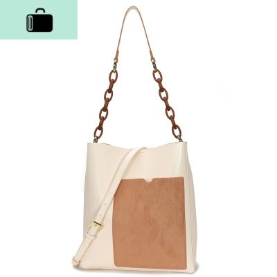 日系撞色大包新款2020包包女软皮单肩斜跨手提包大容量通勤托特包NEW LAKE 米白色女斜挎包