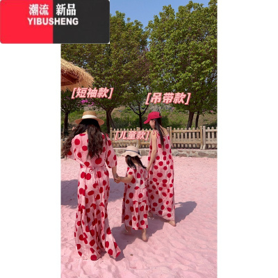 YIBUSHENG[红色星云]HL春棉绸长袖方领腰带蛋糕连衣裙宽松波点亲子长裙