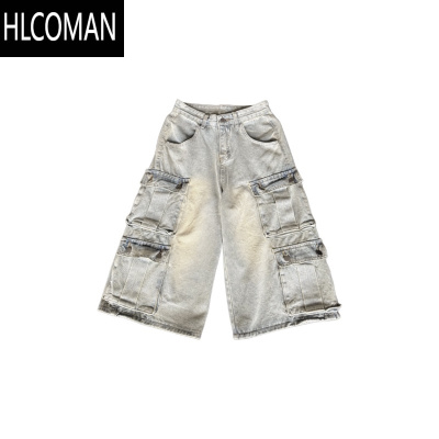 HLCOMAN美式复古水洗做旧宽松牛仔短裤男女夏季街头潮流多口袋工装七分裤