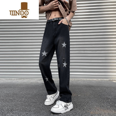 YANXU黄泥色星星牛仔裤男美式高街破洞裤子夏季bf潮牌痞帅宽松直筒长裤