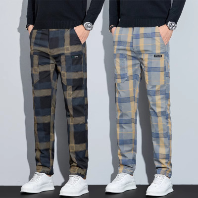 韩版格子裤子春夏六兜个性潮流弹力多口袋商务休闲裤