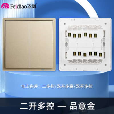 飞雕(FEIDIAO)开关插座 86型家用暗装超大面板 品意系列电源墙壁开关面板 品意金二开多控