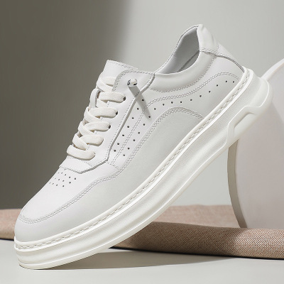 头层牛皮潮流小白鞋真皮春秋休闲百搭板鞋厚底低帮皮鞋子新款男鞋