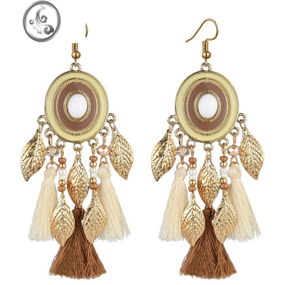 JiMi2023新款波西米亚风叶子流苏耳环民族风特色耳饰旅游拍照片配饰女