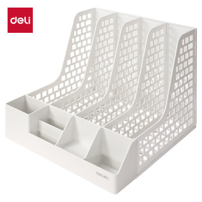 得力 文件框栏 莫兰迪桌面档案收纳盒办公室报告书籍学生书立架文件篮筐置物整理架自带笔筒 PB106