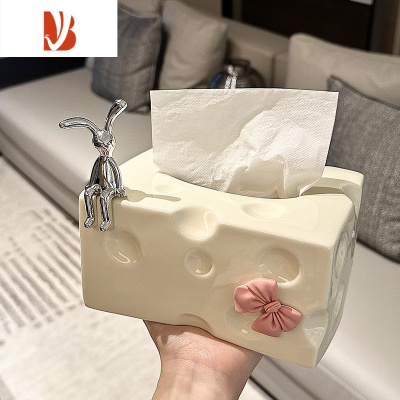 三维工匠高颜值奶油风纸巾盒客厅厨房餐纸盒抽纸盒茶几桌面装饰收纳盒摆件 四方奶酪纸巾盒(奶白色)+兔子+蝴蝶结