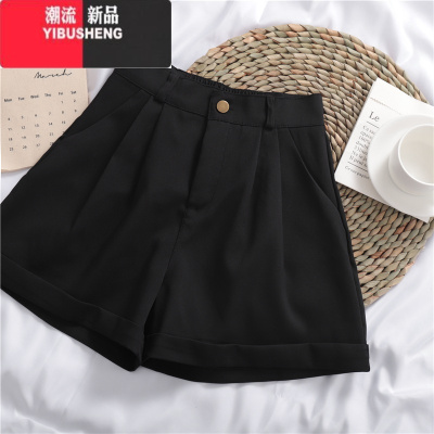 YIBUSHENG春秋新款纯色百搭休闲裤西装短裤女高腰显瘦宽松卷边阔腿裤热裤子