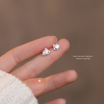 s999足银磨砂拉丝灵动兔子耳钉女兔年可爱简约小清新气质耳饰批发送女朋友老婆情人节七夕生日礼物