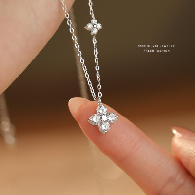 韩版轻奢四叶草项链女s999纯银百搭时尚高级感小众设计足银锁骨链送女朋友老婆情人节七夕生日礼物
