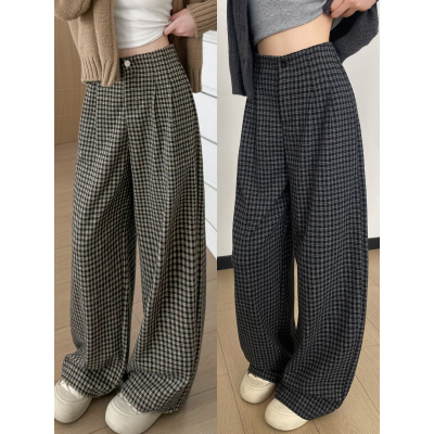 格子裤子女新款秋季高腰显瘦宽松bf慵懒风直筒休闲窄版阔腿裤_257