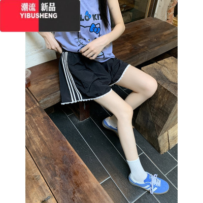 YIBUSHENG花边拼接撞色休闲裤女季新款松紧腰纯欲设计感宽松小众阔腿短裤