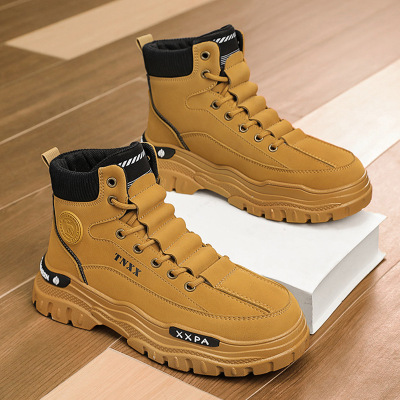 男靴秋季工装圆头皮面大靴时尚百搭户外休闲运动厚底增高马丁靴