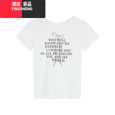 YIBUSHENG个性蝴蝶结字母印花T恤女季小众别致修身短款休闲上衣