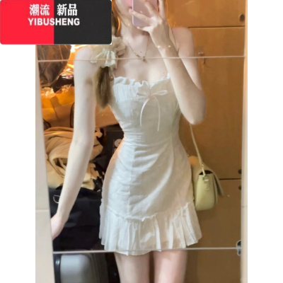 YIBUSHENG纯欲辣妹白色吊带连衣裙子女季2024新款小个子甜美收腰法式短裙