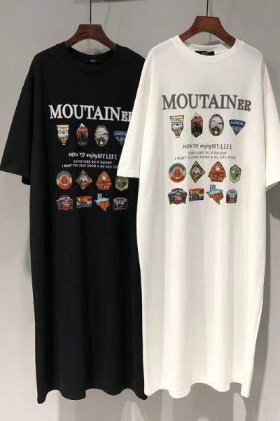 圆领印花短袖T恤裙子女装韩版宽松大码慵懒风连衣裙过膝长裙夏季