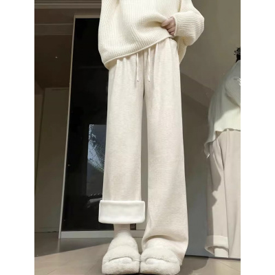 窄版阔腿裤女新款秋冬季加绒垂感直筒休闲小个子白色糯米裤子_619