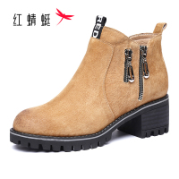 红蜻蜓马丁靴女春秋休闲鞋女粗跟圆头短靴女户外工装鞋女鞋