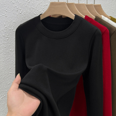 圆领德绒打底衫女加绒保暖内搭新款秋冬仿羊绒上衣磨毛T恤