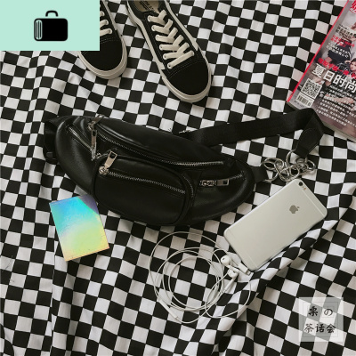 日系原宿港风ins超火的同款pu胸包土酷嘻哈蹦迪包情侣斜挎包女潮NEW LAKE 黑色暗黑系女斜挎包