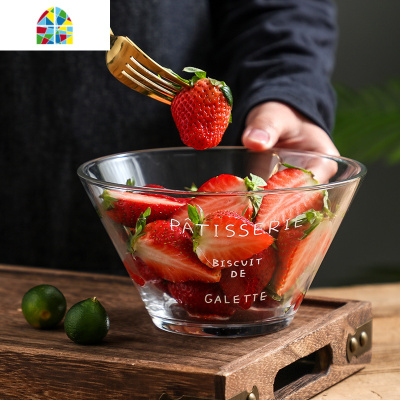 透明玻璃碗北欧风网红餐具ins沙拉碗家用单个水果碗创意法文字母 FENGHOU 锤目纹沙拉碗-描金边透明