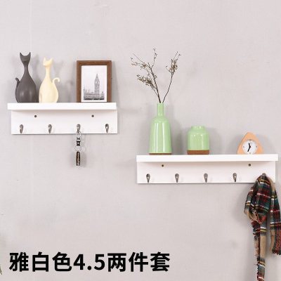 家柏饰(CORATED)墙上置物架简约现代客厅实木隔板玄关艺术挂钩卧室壁挂木板挂衣架 雅白色四钩五钩两件套