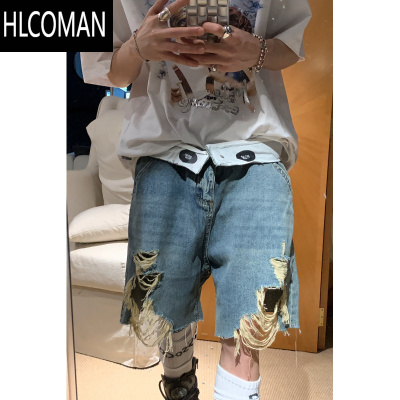 HLCOMANAhyala设计感双层乞丐破洞牛仔短裤男夏季中裤美式复古街头五分裤